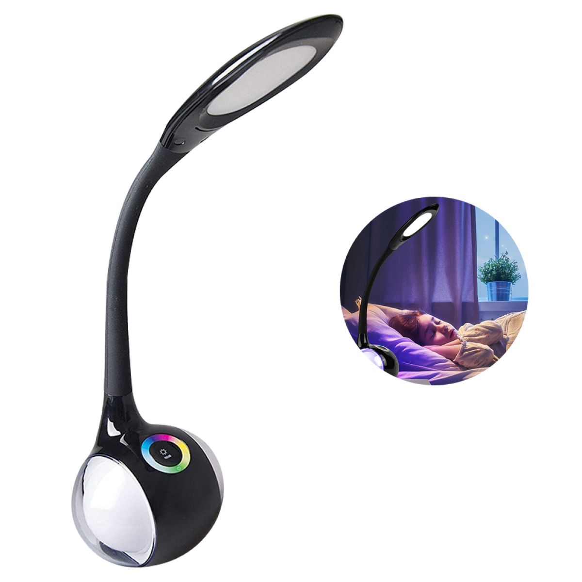 Eine schwarze, geschwungene Schreibtischlampe mit farbenfrohem Sockel und ein kleinerer Ausschnitt der Lampe, die eine Person beleuchtet.