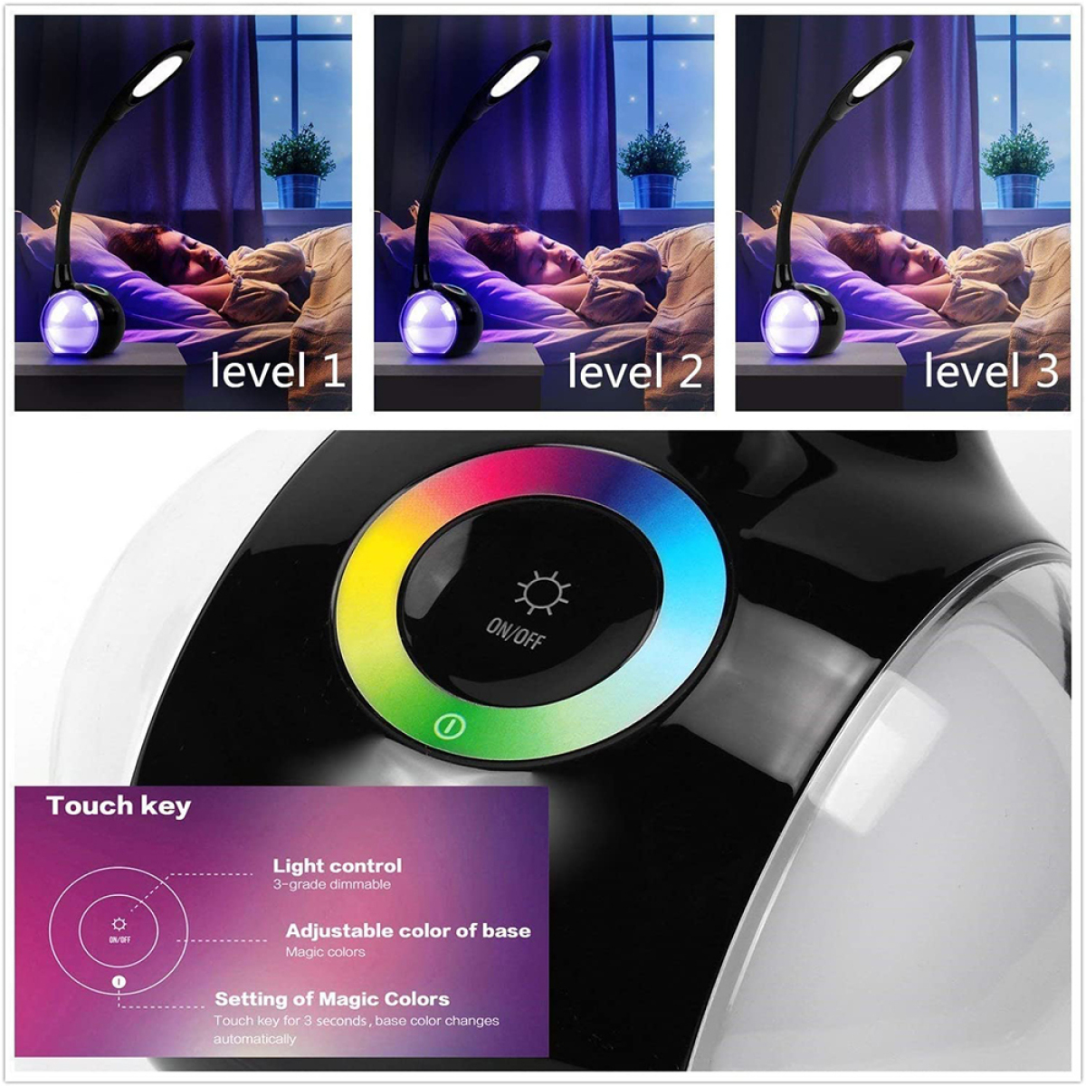 Eine Schreibtischlampe mit drei Helligkeitsstufen, farbwechselnder Basis und Touch-Taste.