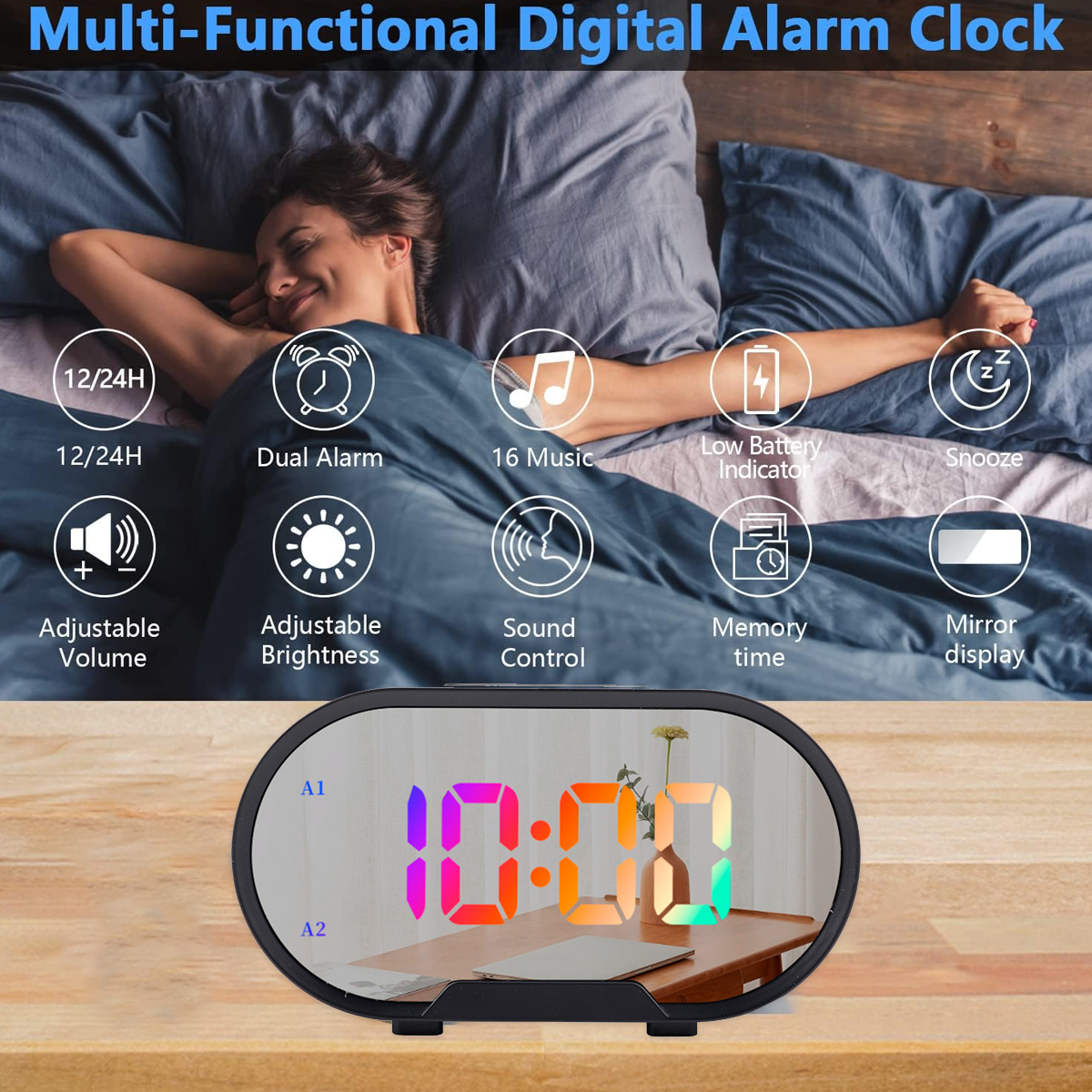 Digitaler Wecker mit mehreren Funktionen: Dual-Alarm, Schlummerfunktion, Lautstärke, Helligkeit, Spiegelanzeige.