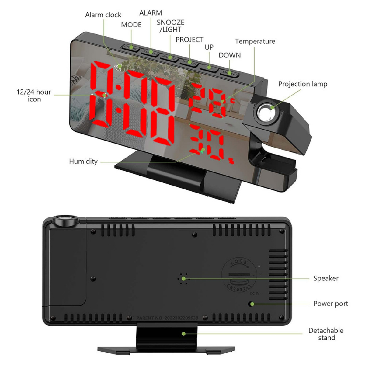 Digitaler Wecker mit Zeit-, Temperatur- und Feuchtigkeitsanzeige. Funktionen: Projektionslampe, Knöpfe und Ständer.