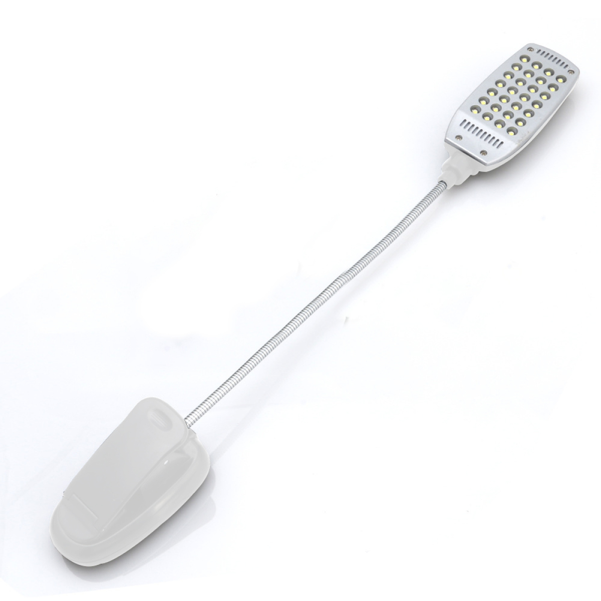 Weiße und silberne flexible LED-Schreibtischlampe mit Clip-Sockel. Weiß.