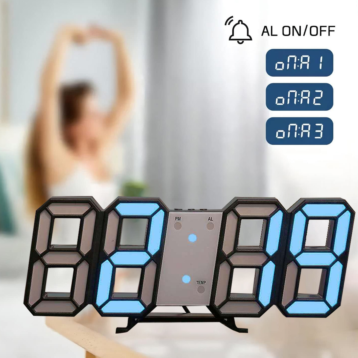 Digitaler Wecker mit Zeitanzeige, Alarmeinstellungen und einer Frau im Hintergrund.