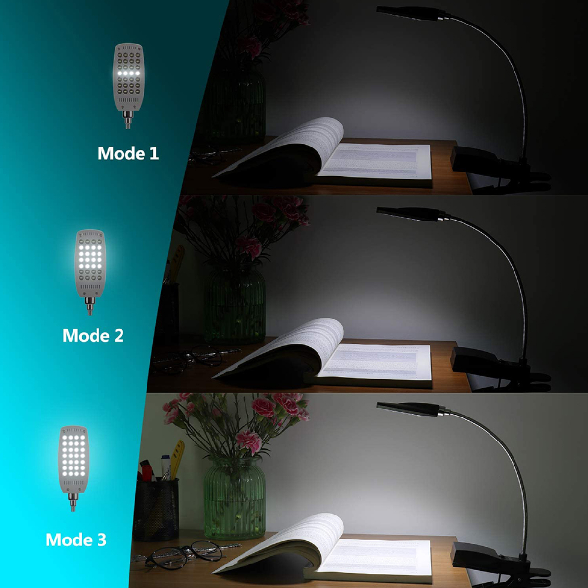 Drei Beleuchtungsmodi einer flexiblen Schreibtischlampe mit Buch und Blumen im Hintergrund.