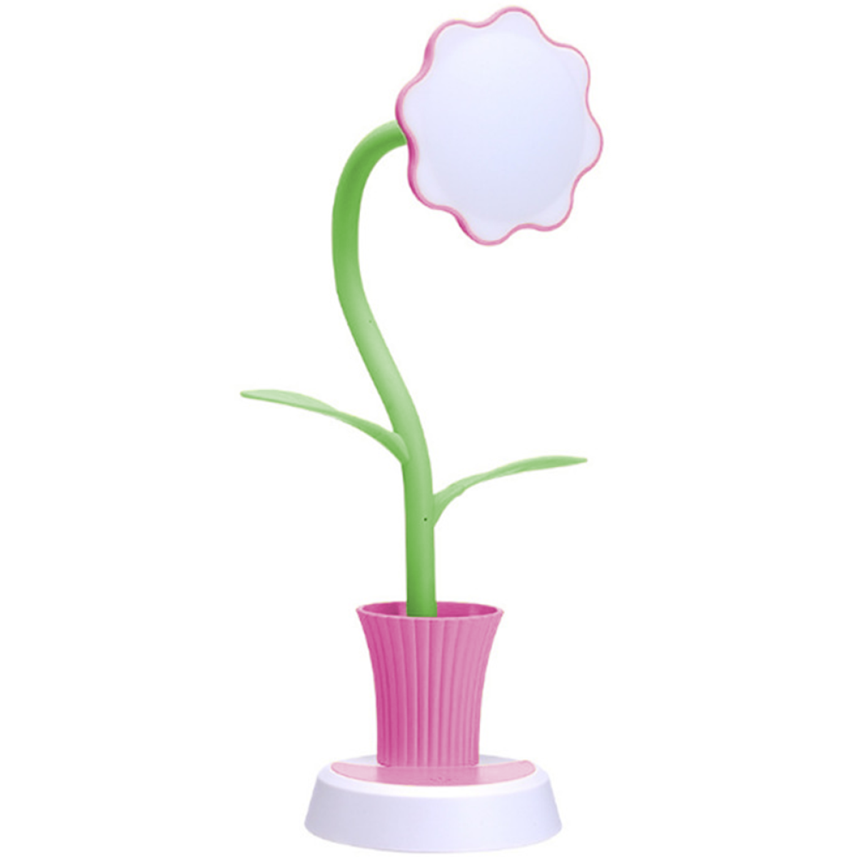 Blumenförmige Lampe mit rosa Topf und weißem Sockel. Der Stiel ist grün, die Blüte weiß-rosa.