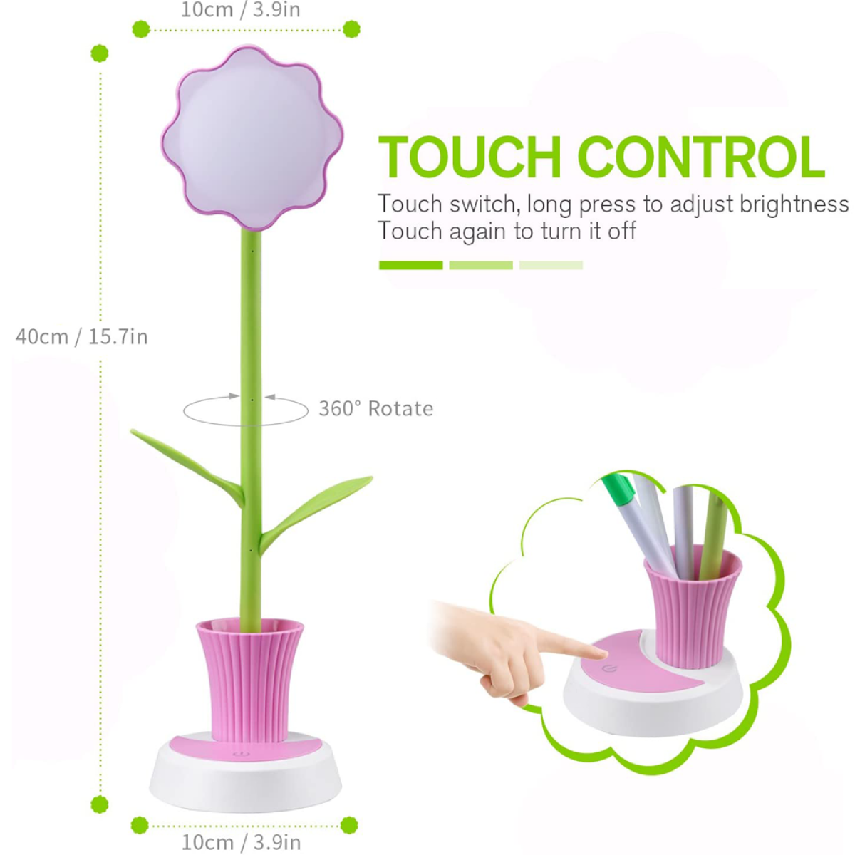 Blütenförmige Lampe. Grüner Stiel, rosa Sockel, weißer Kopf und Stifthalter. Touch-Steuerung.