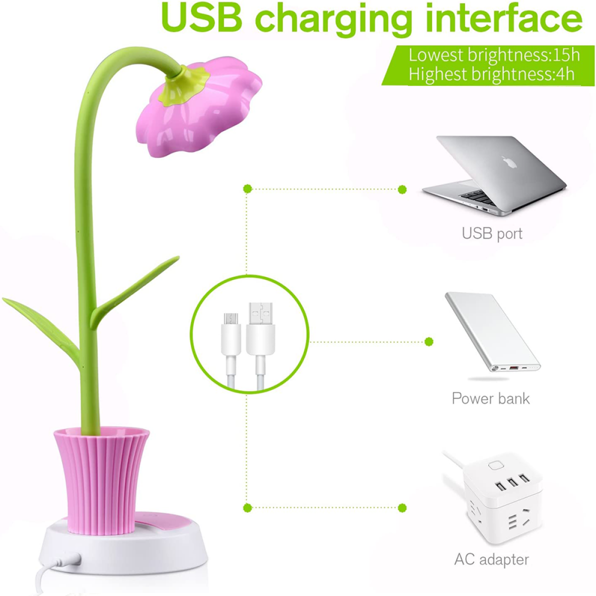 Eine blütenförmige Lampe mit rosa Blütenblättern, grünem Stiel und einem rosa Topf sowie Zubehör.