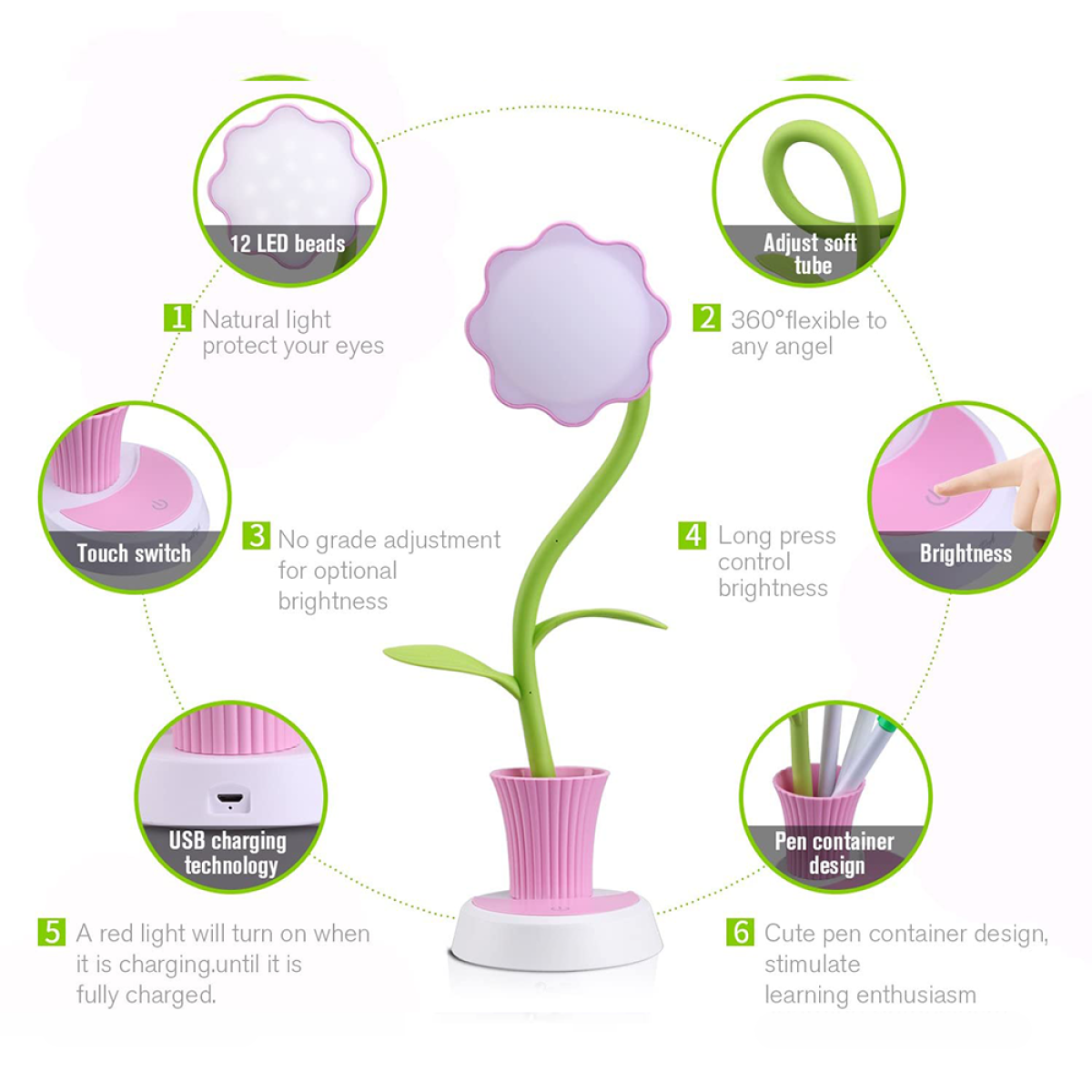 Blumenförmige Schreibtischlampe mit beschrifteten Merkmalen: LED-Perlen, weiches Rohr, Helligkeit und Stifthalter.