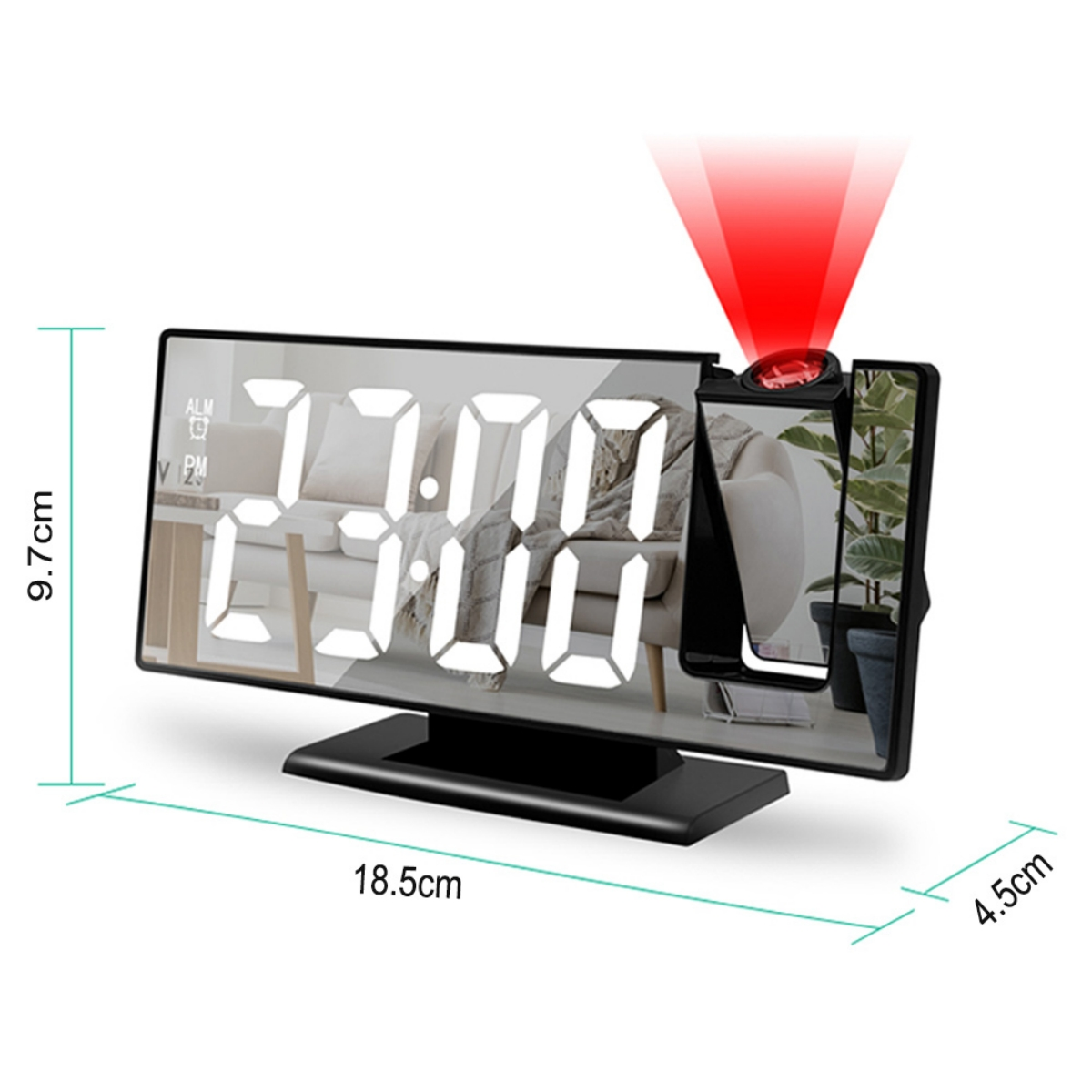 Schwarzer digitaler Wecker mit Spiegelanzeige, der die Uhrzeit an eine Wand projiziert.