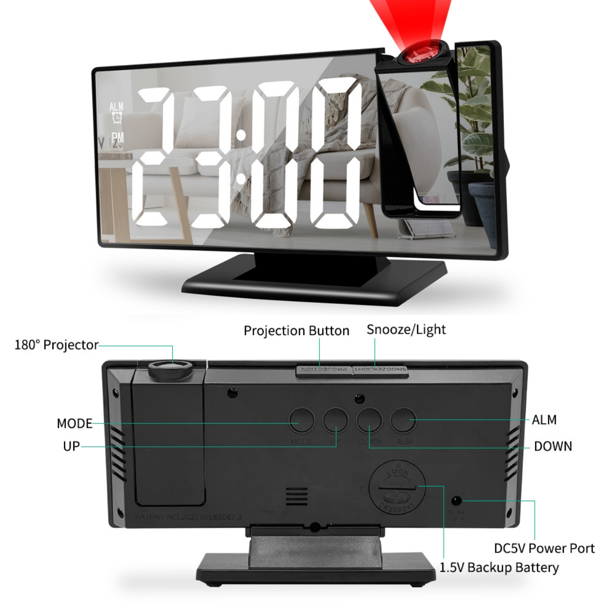 Digitaler Wecker mit großem Display, zeigt Zeit, Knöpfe und Projektor.