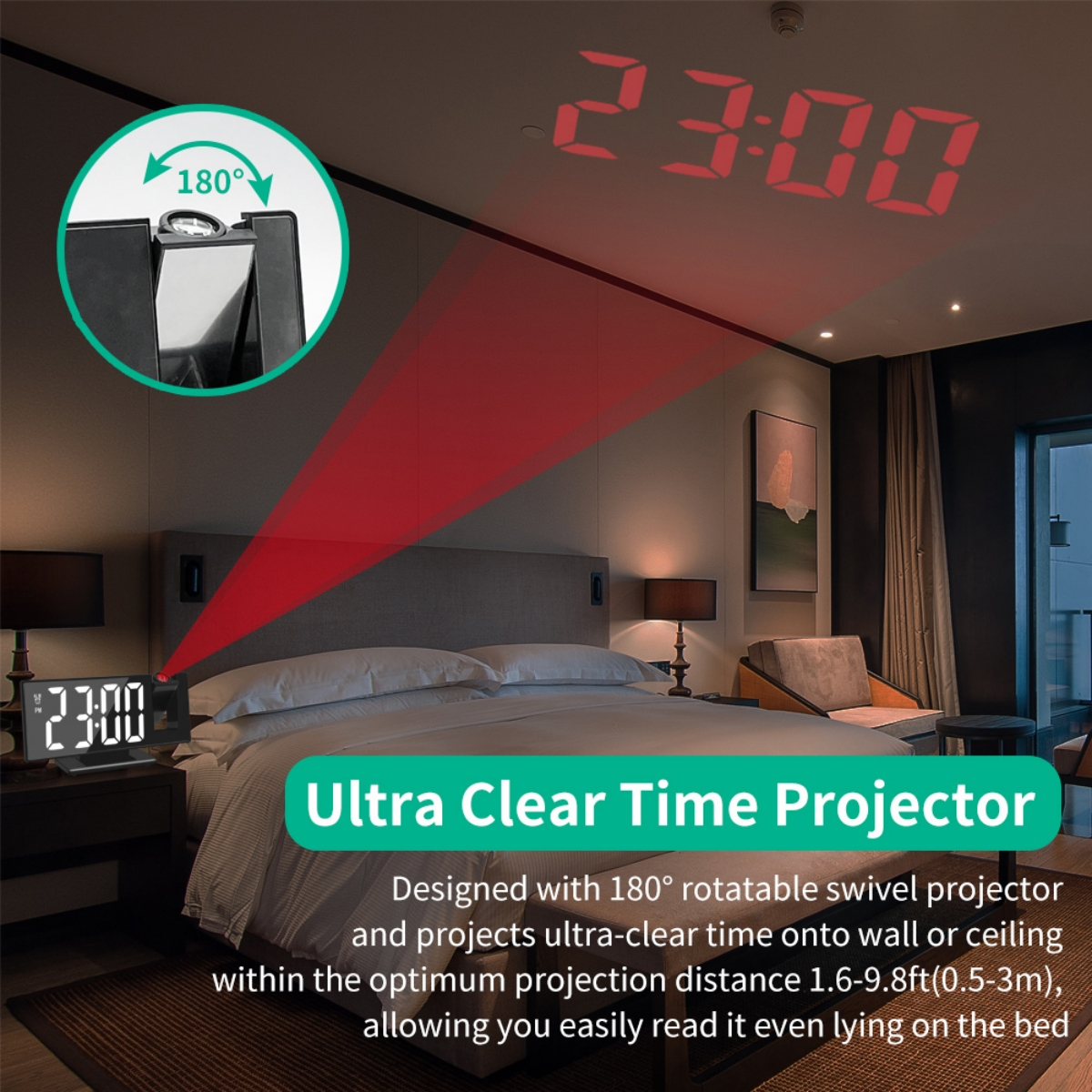 Digitaluhr, die Zeit an die Wand projiziert. Schlafzimmer mit Bett.
