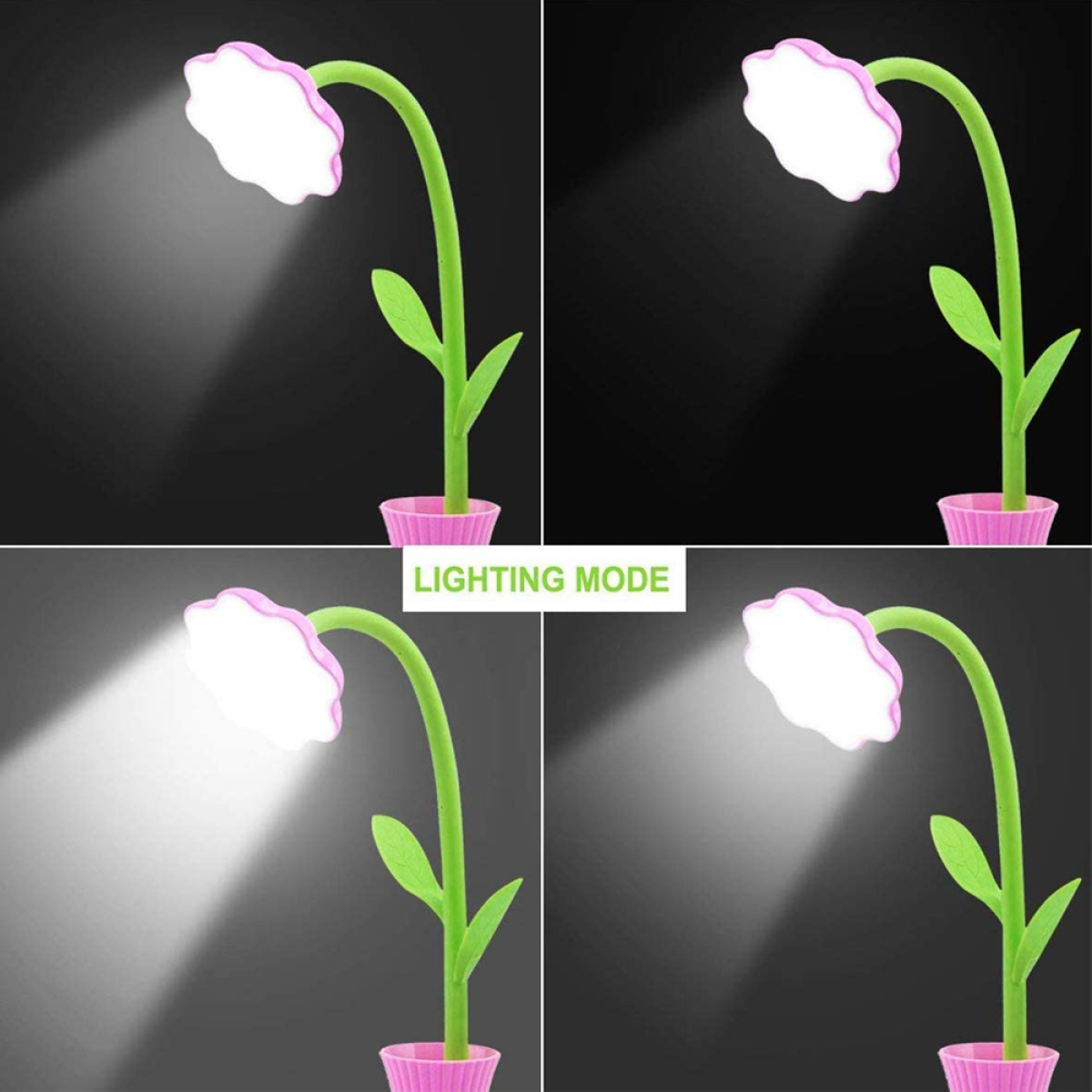 Vier Bilder einer blütenförmigen Lampe, die Licht emittiert. Verschiedene Beleuchtungsmodi werden gezeigt.
