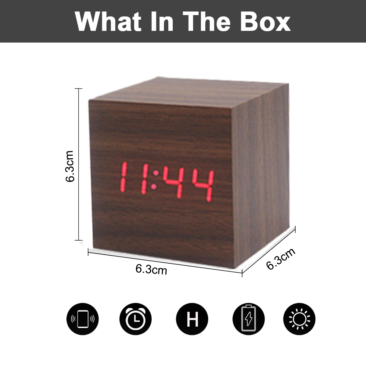 Holzwürfeluhr mit der Anzeige 11:44, mit Abmessungen und Funktionssymbolen.