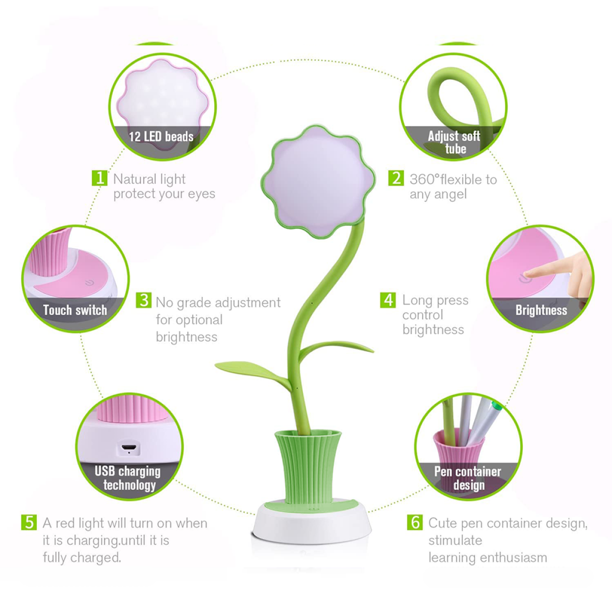 Blumenförmige Schreibtischlampe mit LED-Perlen, verstellbarem Rohr, Touch-Schalter.