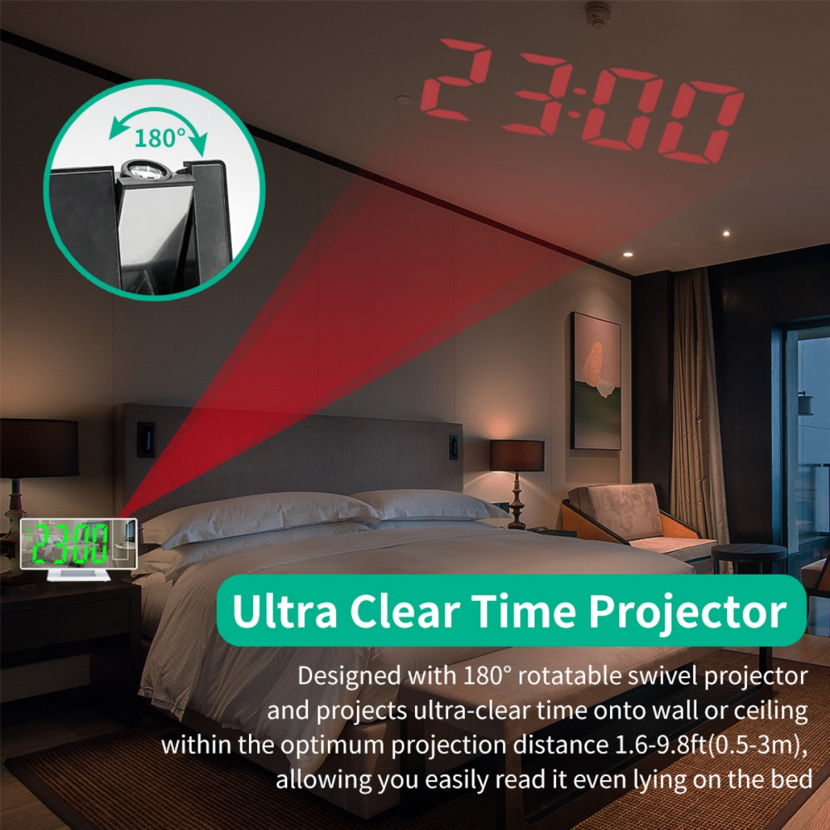 Schlafzimmer: Projektor projiziert Zeit an die Wand. Bett und Nachttisch sind sichtbar.