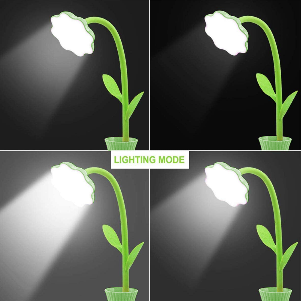 Vier Bilder, die eine weiße blütenförmige Lampe mit verschiedenen Beleuchtungsmodi zeigen und Licht auf die Oberfläche werfen.