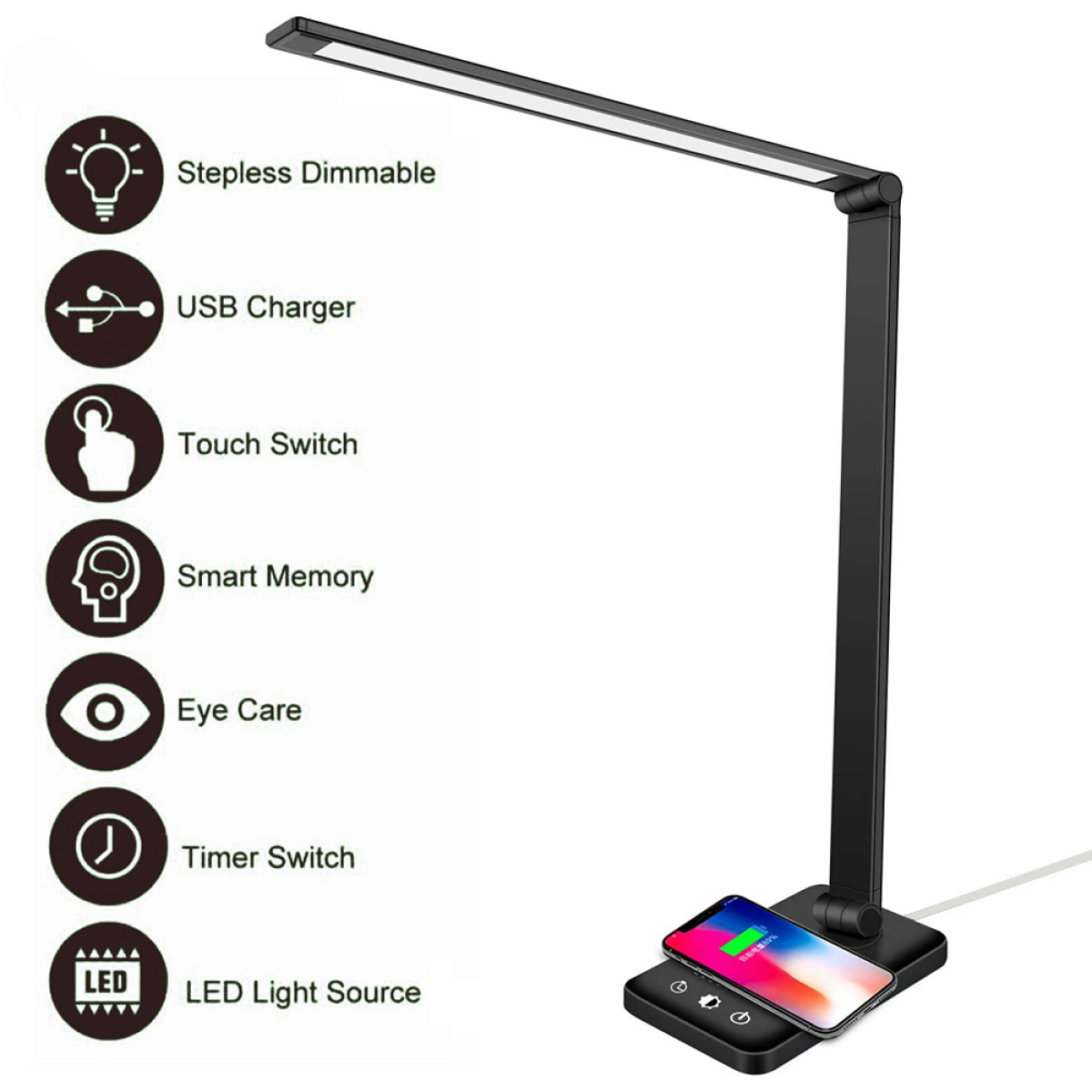 Schwarze Schreibtischlampe mit Symbolen für Funktionen: dimmbar, USB-Ladegerät, Touch-Schalter usw.