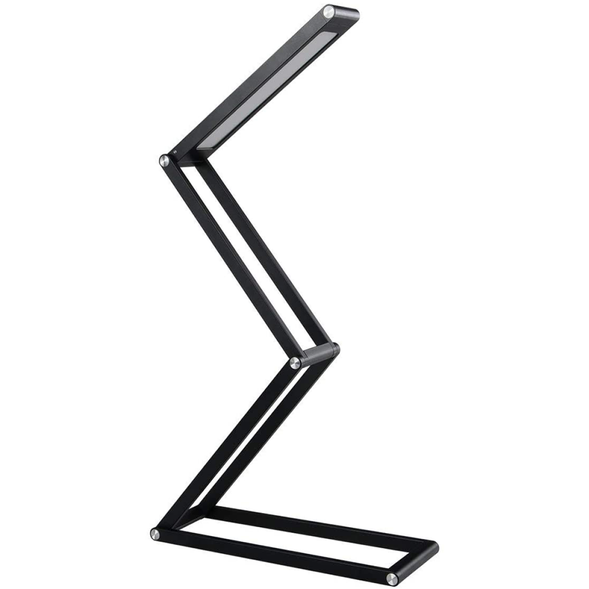 Schwarze, verstellbare LED-Schreibtischlampe. Die Lampe hat eine Zickzackform mit einem Leuchtpaneel oben.