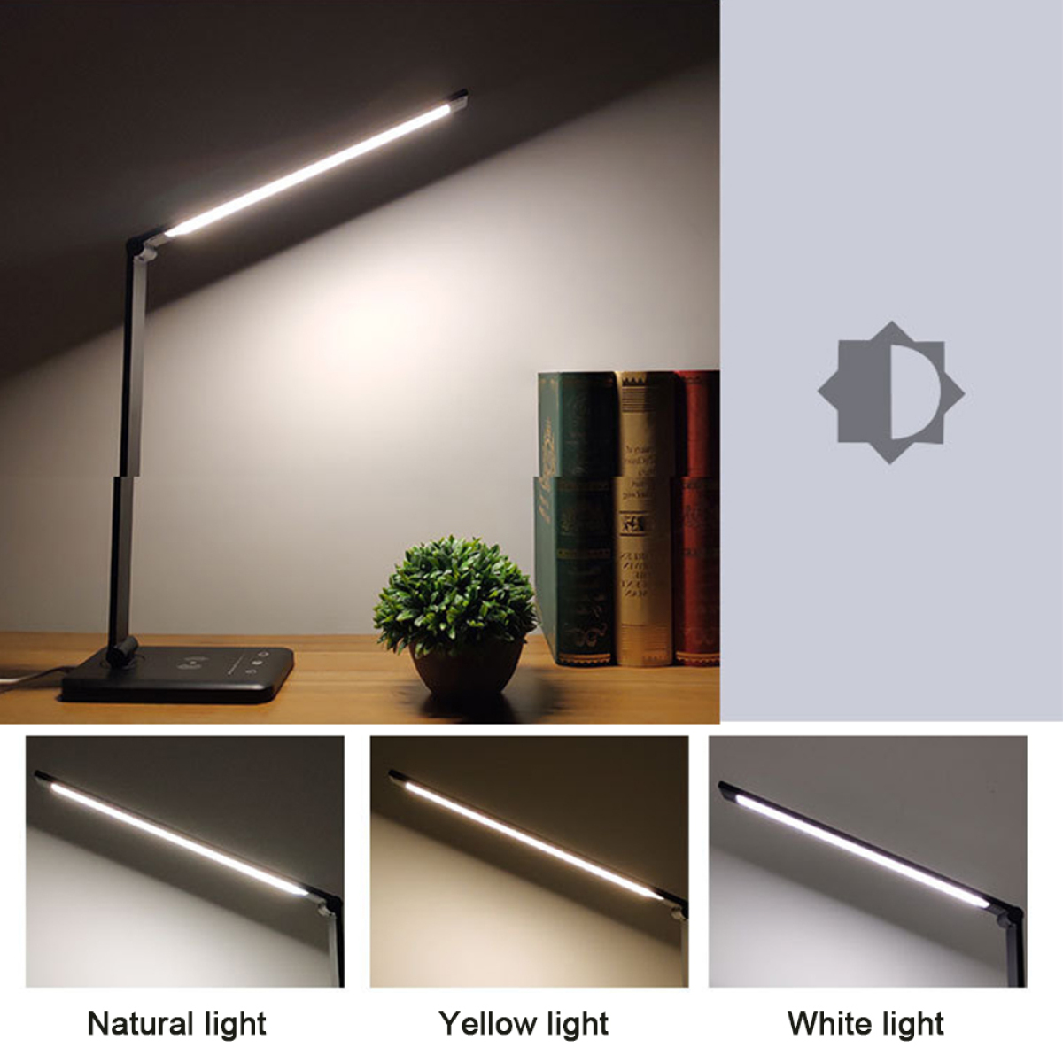 Eine schwarze Schreibtischlampe mit drei Lichteinstellungen. Die Lampe steht auf einem Holztisch mit Büchern und einer Pflanze.