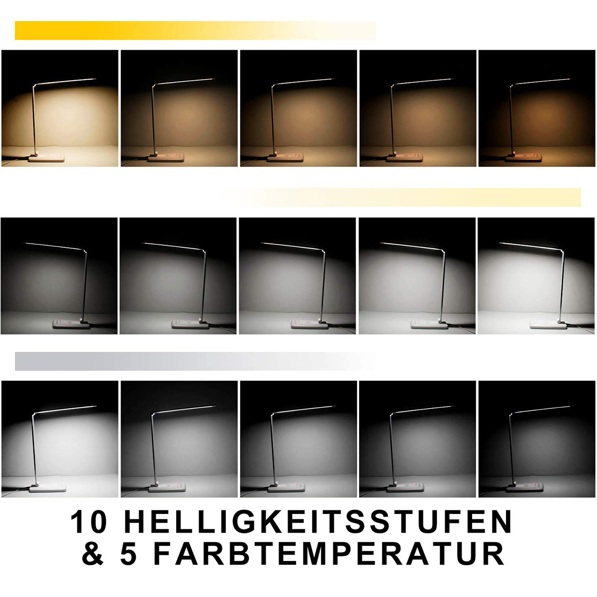 Bilder, die eine Schreibtischlampe mit einstellbaren Helligkeits- und Farbtemperatureinstellungen zeigen.