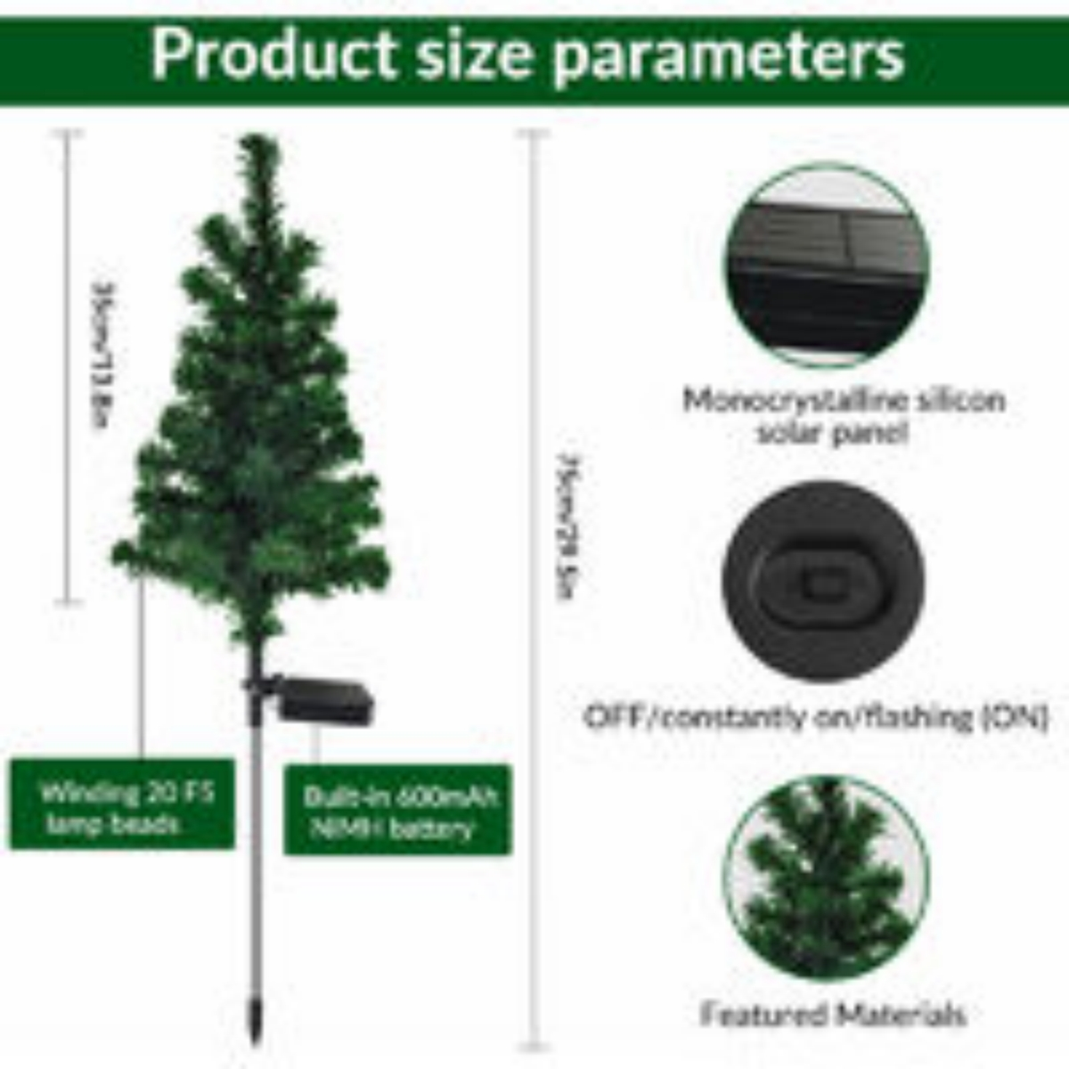 Kleiner grüner Weihnachtsbaum mit Solarpanel und Text mit Maßen.
