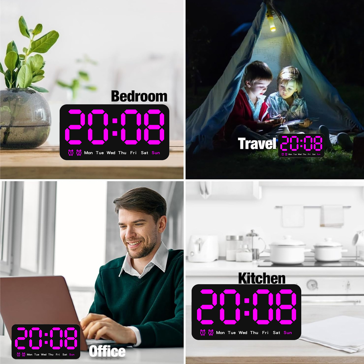 Uhr zeigt 20:08 in vier Szenen: Schlafzimmer, Reise, Büro und Küche. Alle haben die gleiche Uhrzeit und das gleiche Datum.