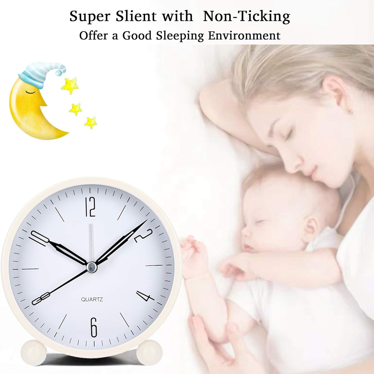 Uhr, Mond und Sterne, Mutter und schlafendes Baby.