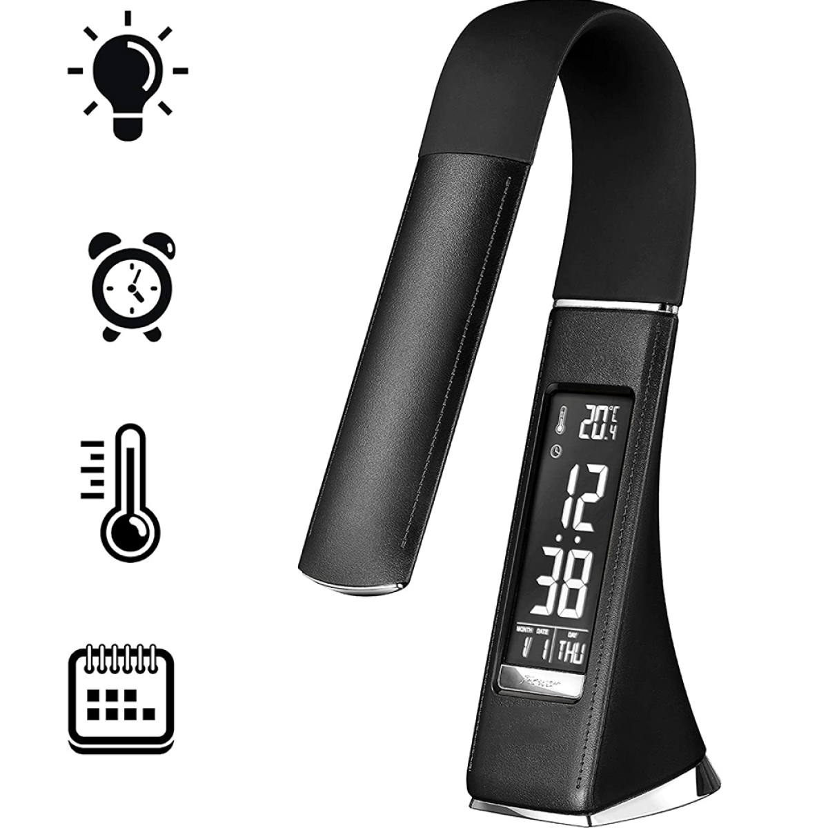 Schwarze Schreibtischlampe mit Digitalanzeige, Symbolen und schwarzem Sockel. Weißer Hintergrund.