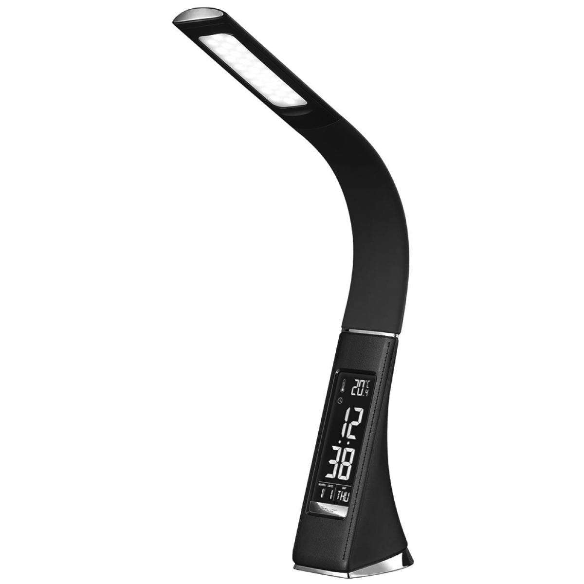Schwarze LED-Schreibtischlampe mit geschwungenem Design und Digitalanzeige für Zeit und Datum. Schlankes, modernes Design.