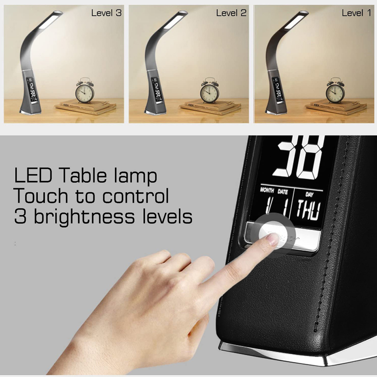 Tischlampe mit drei Helligkeitsstufen. Ein Finger berührt das Display.