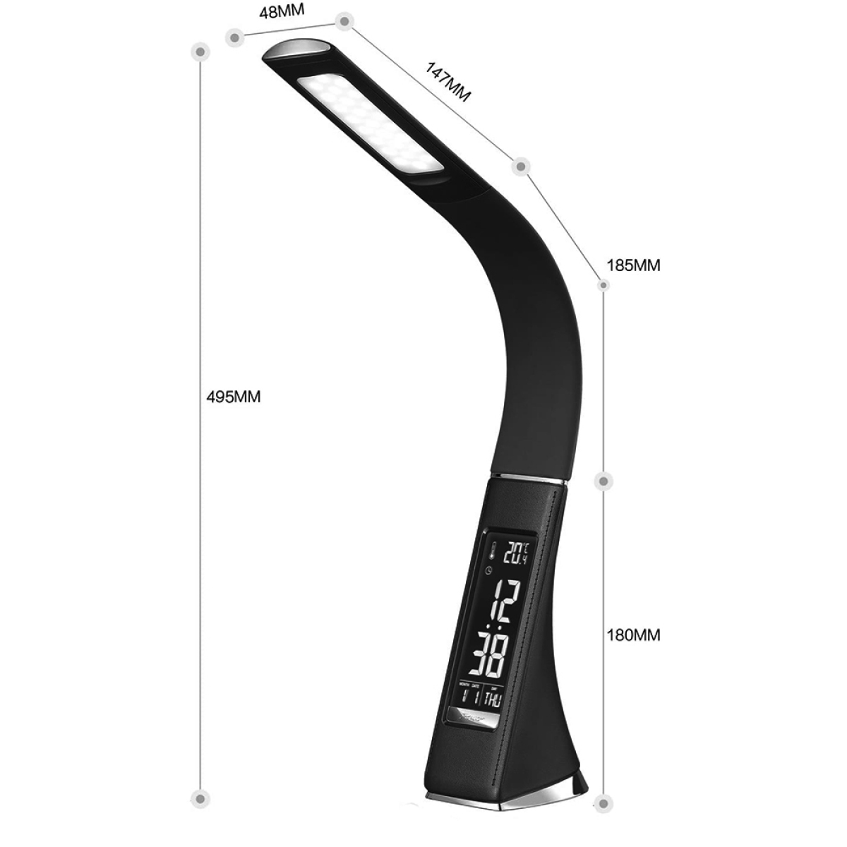Eine schwarze, gebogene Schreibtischlampe mit Digitalanzeige, die Zeit und Datum anzeigt, mit Maßen.