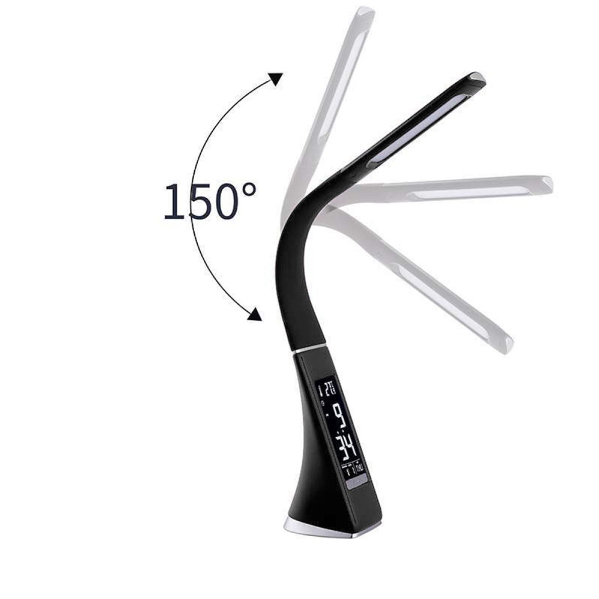 Schwarze Schreibtischlampe mit flexiblem Hals und Digitalanzeige.