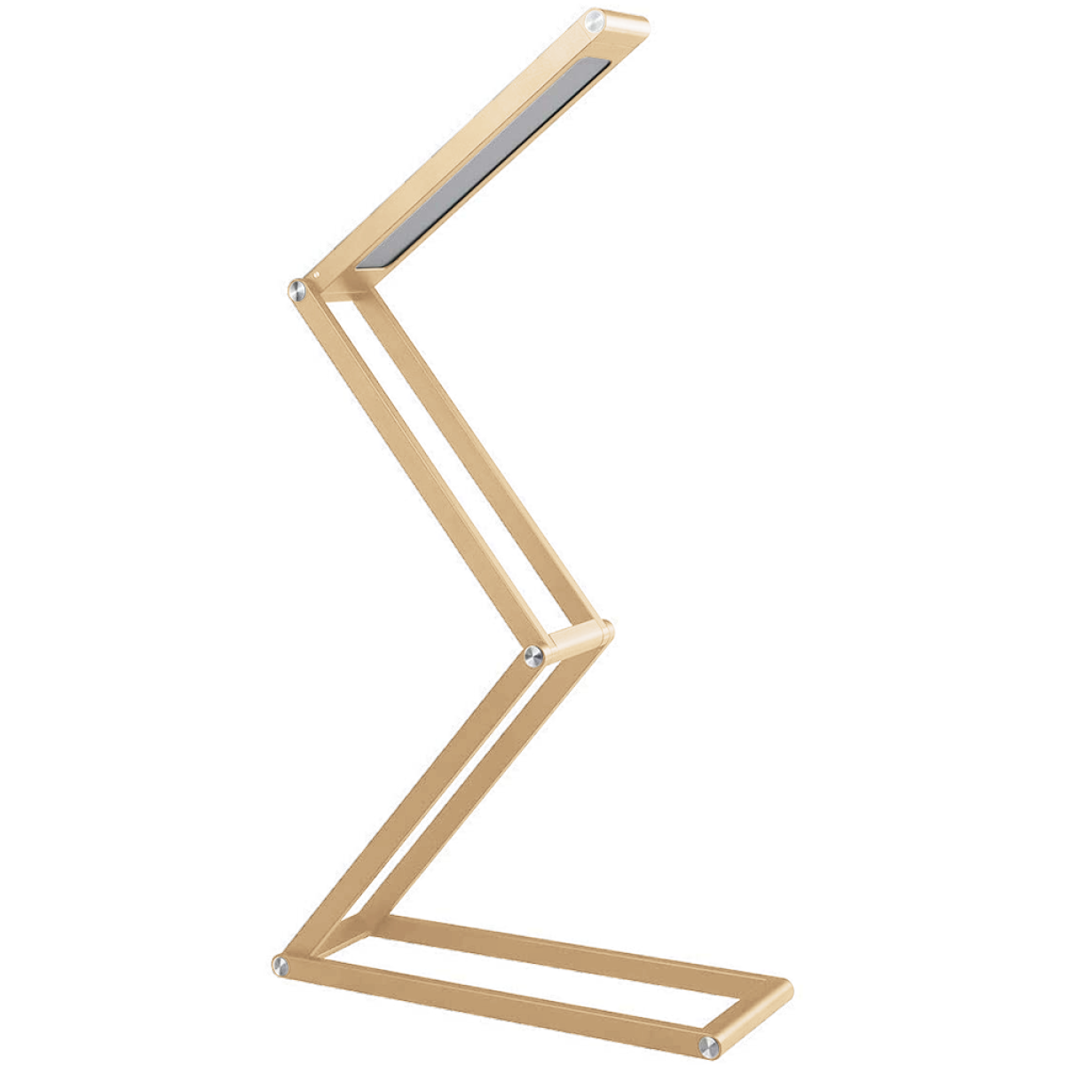 Goldfarbene, verstellbare LED-Schreibtischlampe im eckigen Zickzack-Design, vor Weiß.