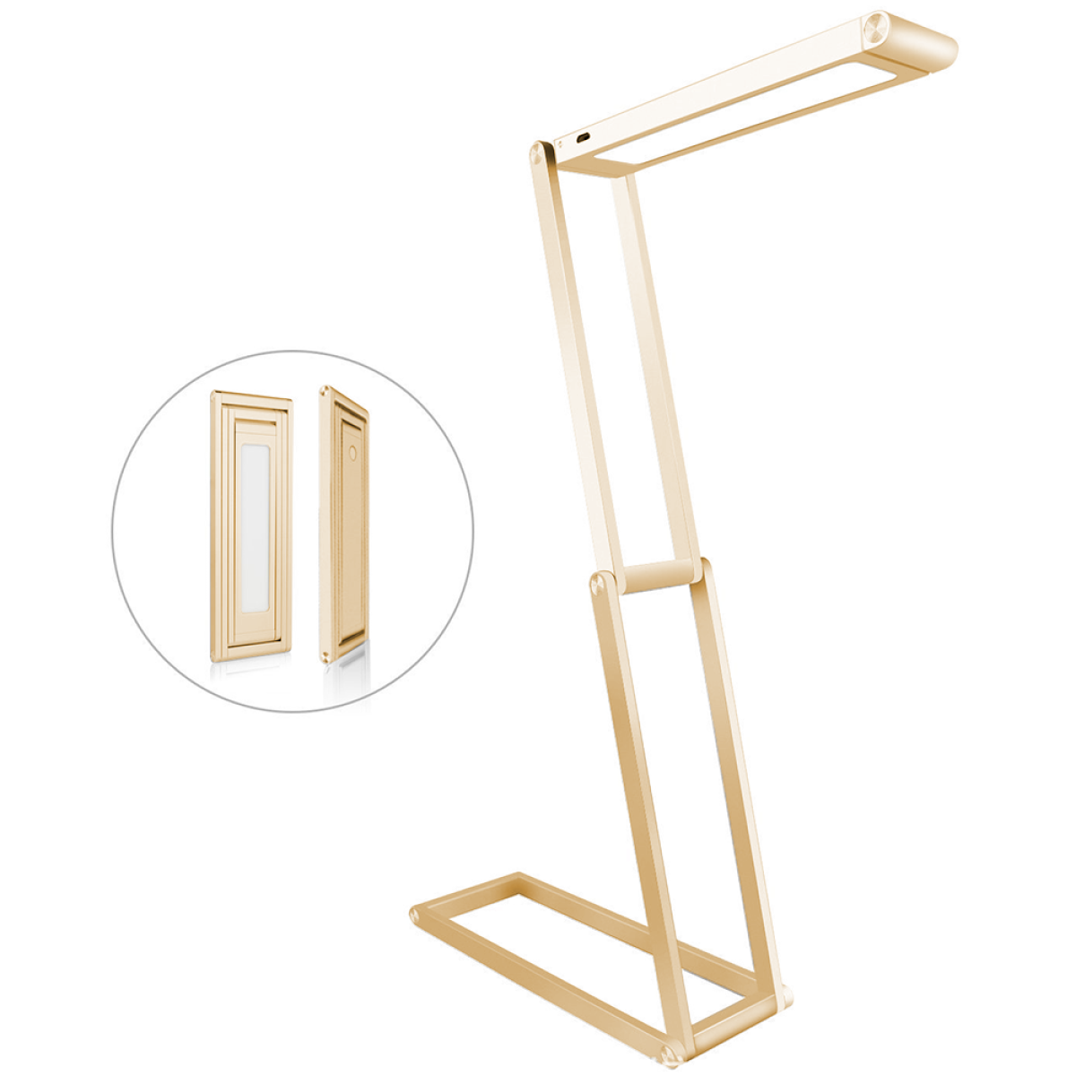 Goldfarbene, faltbare Schreibtischlampe. Enthält eine Nahaufnahme des Lampenfelds.