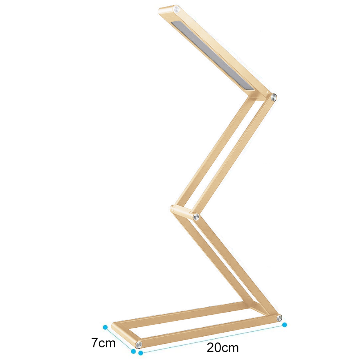 Goldene, faltbare Schreibtischlampe. Sie ist an mehreren Gelenken gefaltet, mit Abmessungen von 7cm x 20cm.