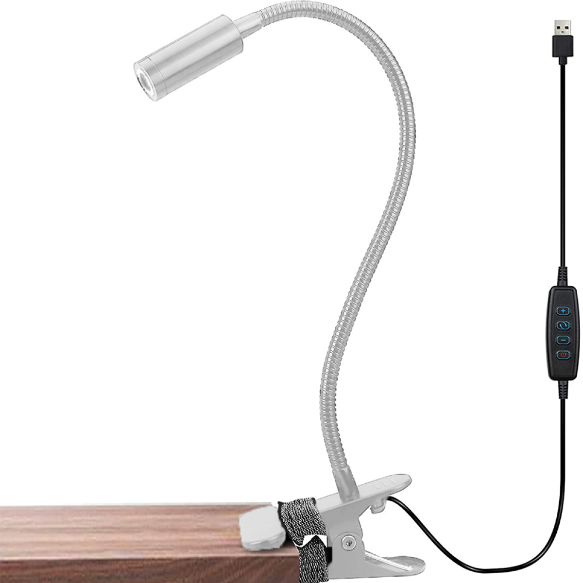 Eine flexible silberne Schreibtischlampe mit USB-Kabel und Clip-on-Sockel.