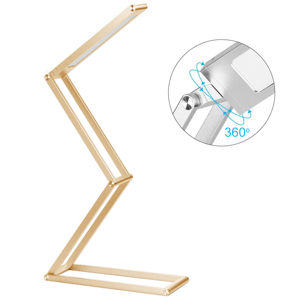 Goldene, faltbare Schreibtischlampe, mit verstellbarem Arm und einem um 360 Grad verstellbaren Kopf für die Lichtquelle.