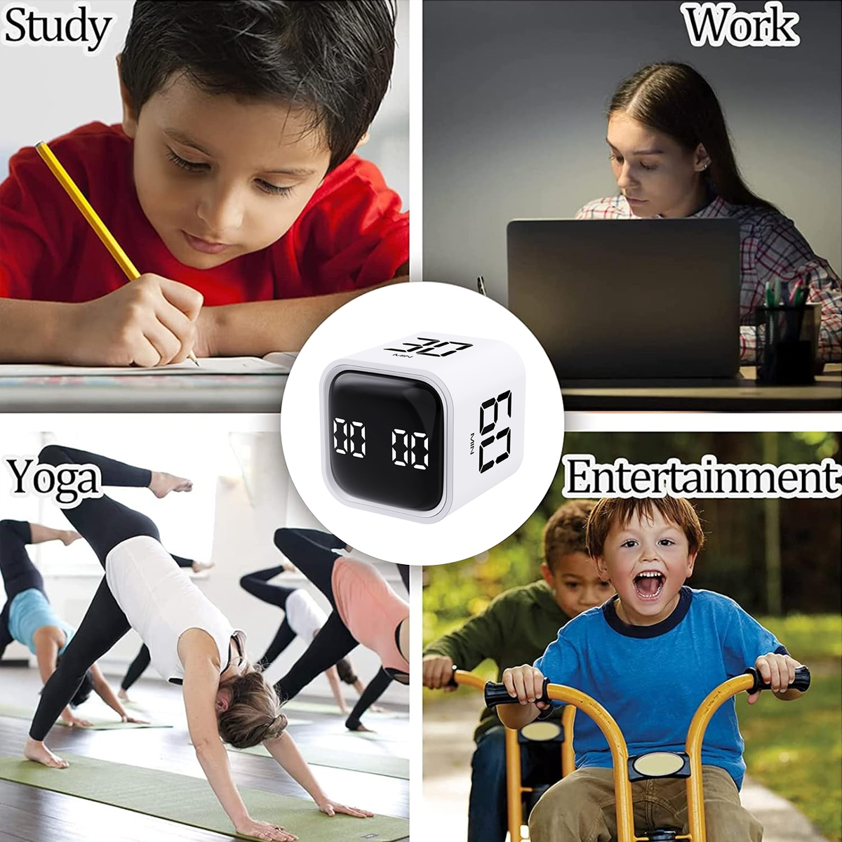 Uhr mit den Bezeichnungen Studium, Arbeit, Yoga und Unterhaltung. Ein Timer befindet sich in der Mitte.