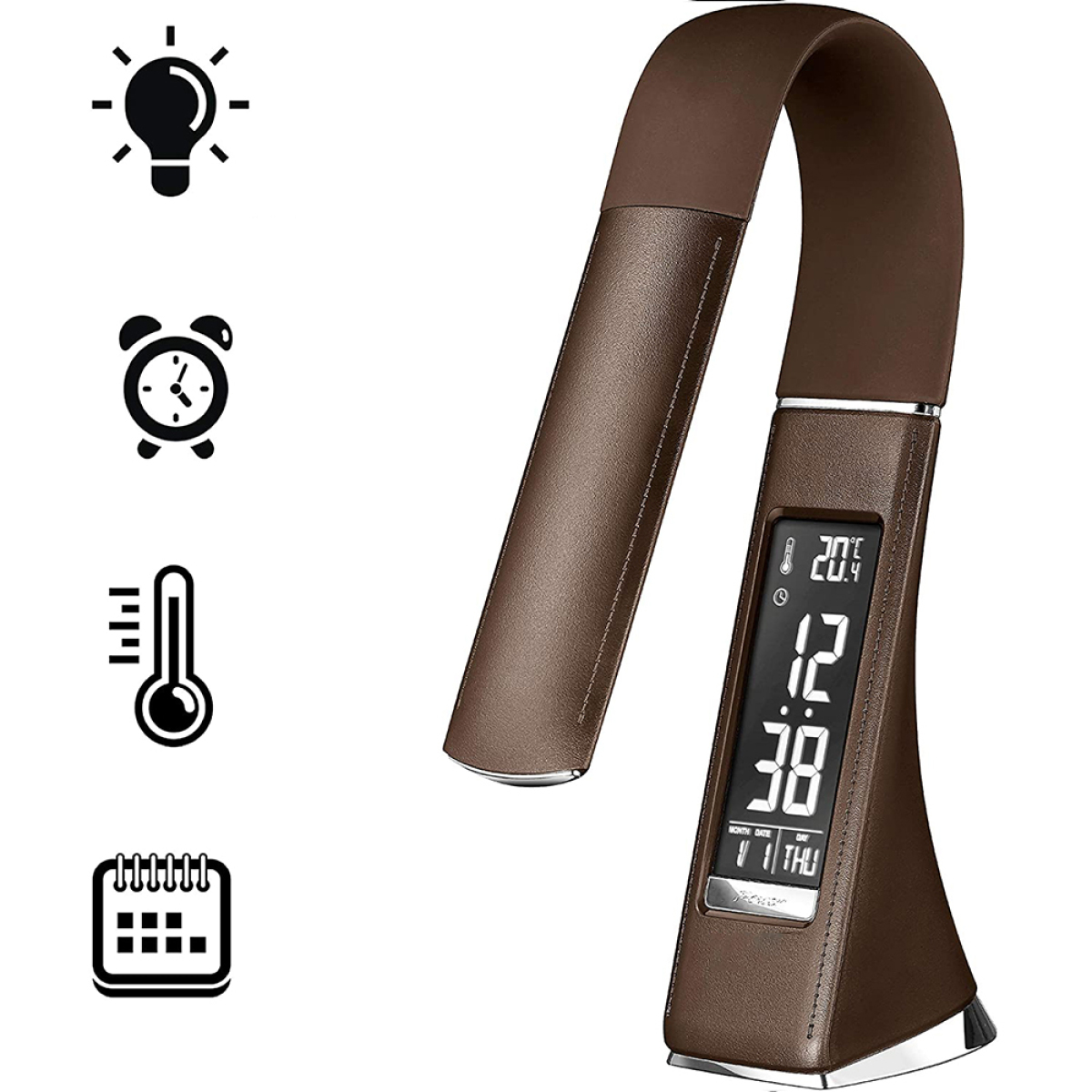 Braune und silberne Schreibtischlampe mit Digitalanzeige für Uhrzeit, Datum und Temperatur.