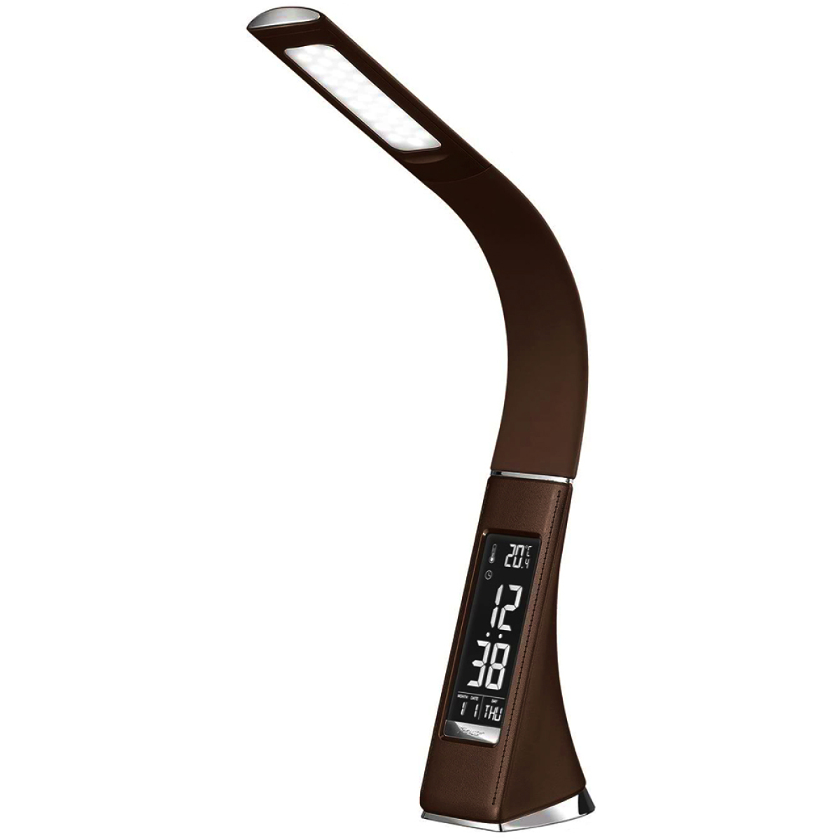 Braune Schreibtischlampe mit Digitalanzeige, die Zeit und Datum anzeigt. Die Lampe hat ein modernes Design.
