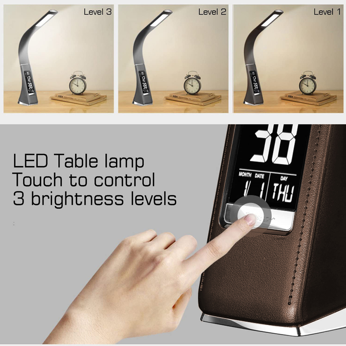 Drei LED-Tischlampen in verschiedenen Helligkeitsstufen, mit einer Hand, die das Licht einstellt.