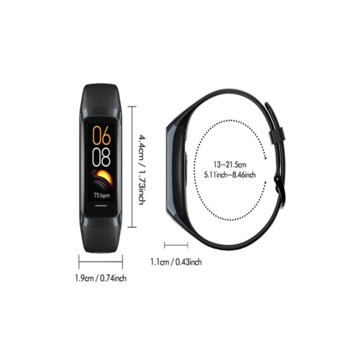 Fitnesstracker mit Anzeige von Uhrzeit und bpm, sowie Armband.