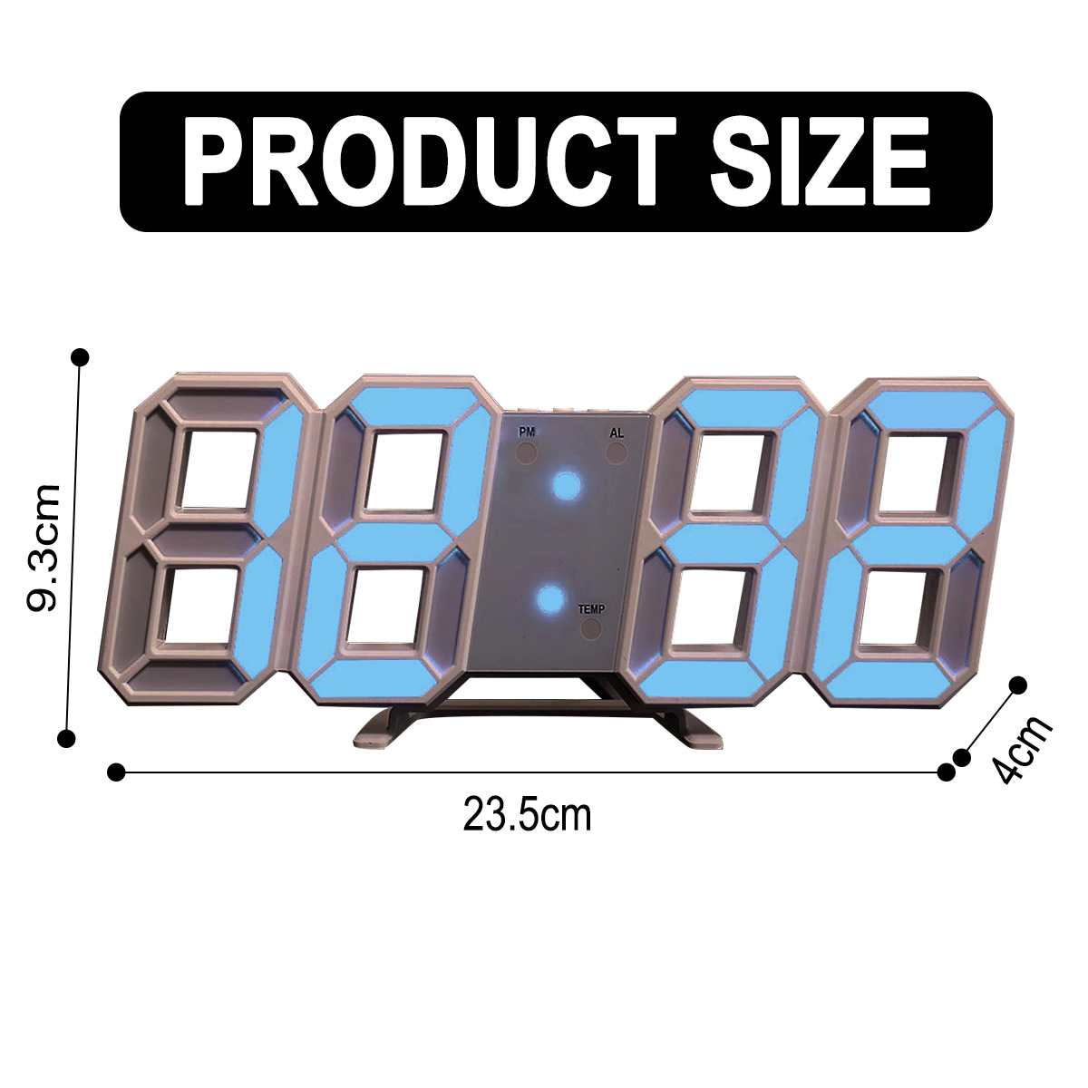 Digitaluhr mit Zeit- und Maßangaben. Misst 23,5 cm lang und 4 cm dick, mit blauen Lichtern.