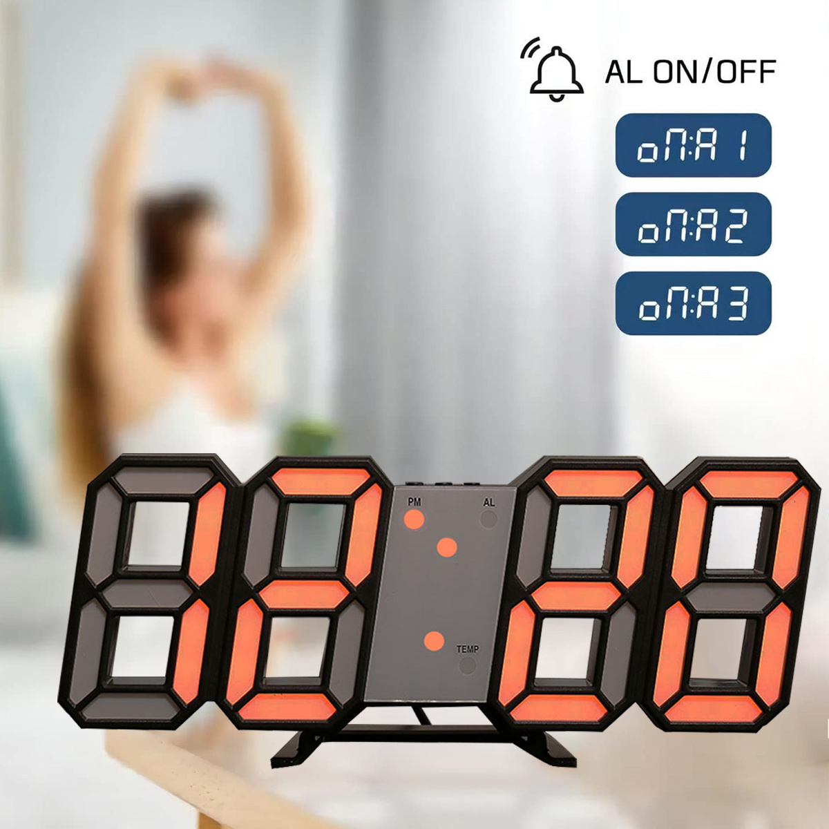 Digitaler Wecker mit roter LED-Anzeige, die Zeit und Einstellungen zeigt.