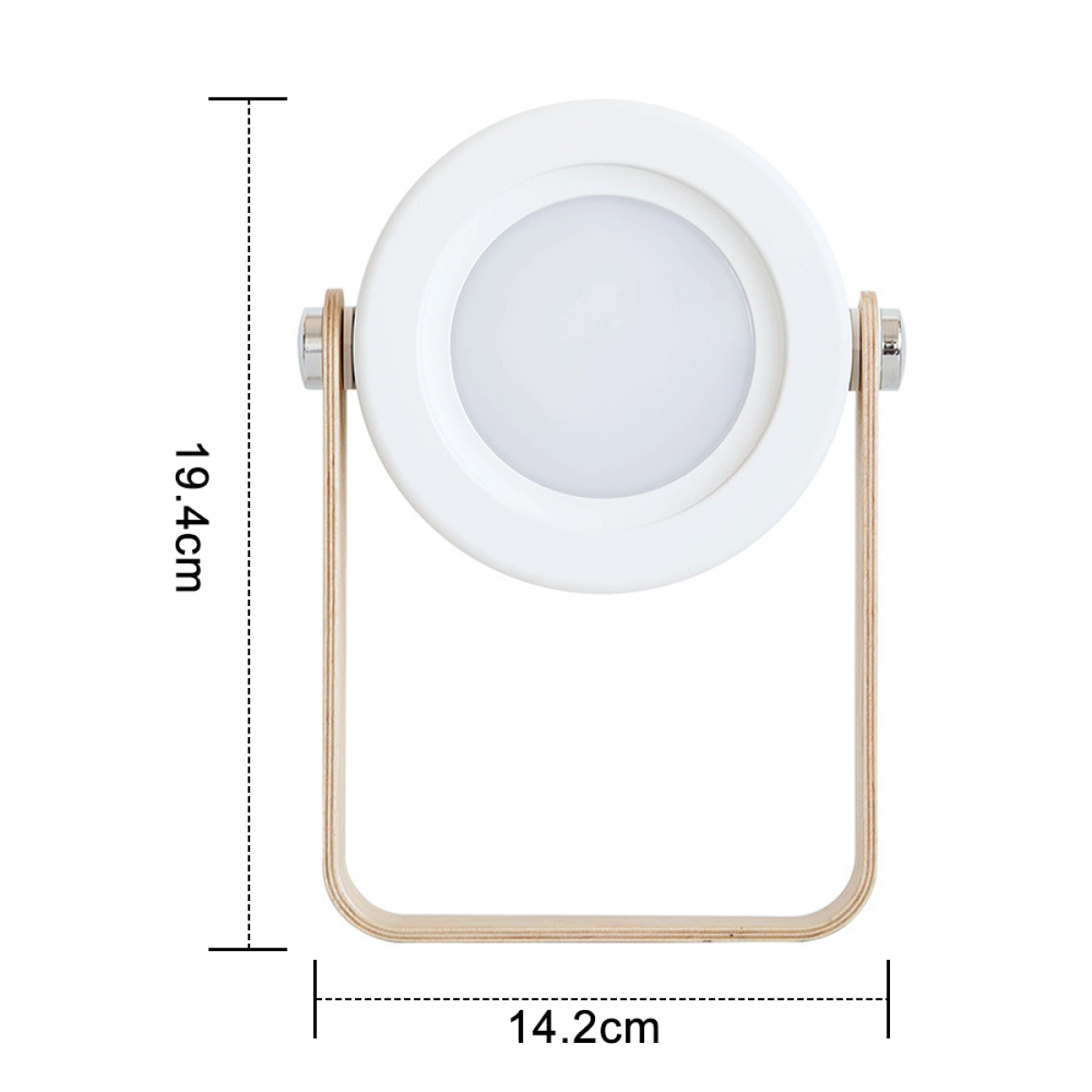 Weiße LED-Lampe mit Holzgriff. Abmessungen im Bild, weißer Hintergrund.