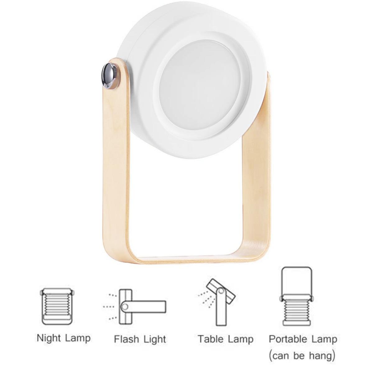 Eine weiße und hölzerne tragbare Lampe mit Illustrationen, die ihre Funktionen als Nacht- und Tischlampe zeigen.