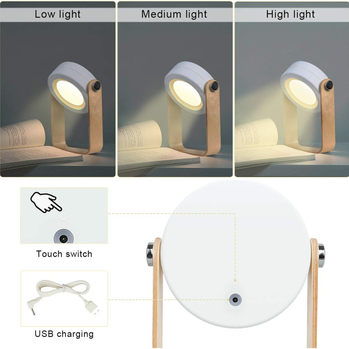Eine weiße Lampe mit Holz, drei Lichteinstellungen, einem Touch-Schalter und USB-Laden. Ein Buch liegt offen.
