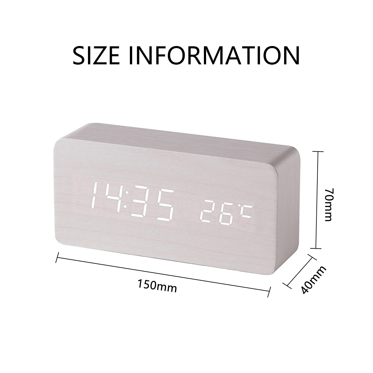 Uhr aus Holz mit Zeit- und Temperaturanzeige. Abmessungen: 150 mm x 70 mm x 40 mm. Größenangaben werden angezeigt.