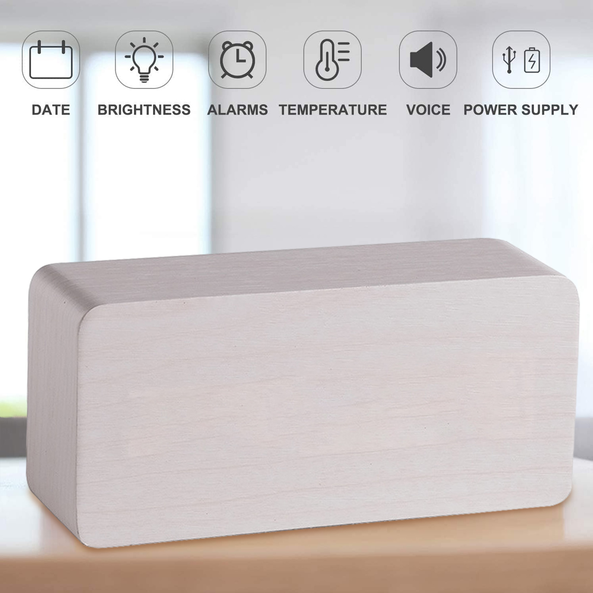 Weißer Holzblock mit Symbolen für Datum, Helligkeit, Alarme, Temperatur, Sprache und Stromversorgung.