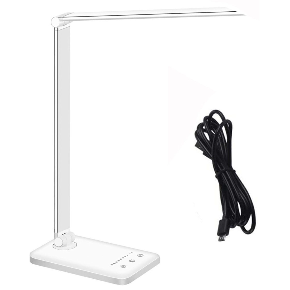 Weiße Schreibtischlampe mit langem, dünnen Hals und Fuß. Ein schwarzes USB-Kabel liegt daneben.