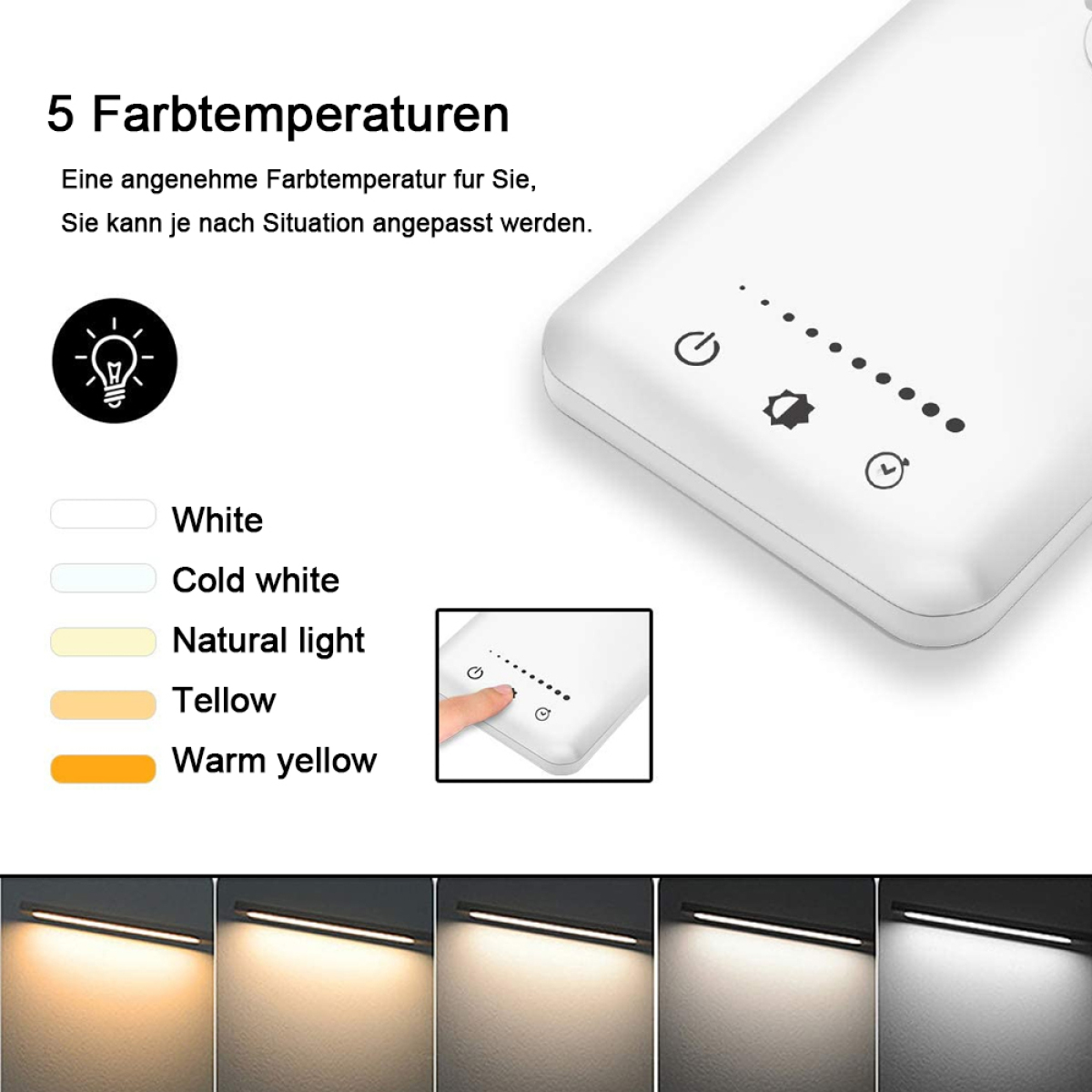Weißer Lichtbalken mit Touch-Tasten, die verschiedene Lichttemperaturoptionen zeigen.